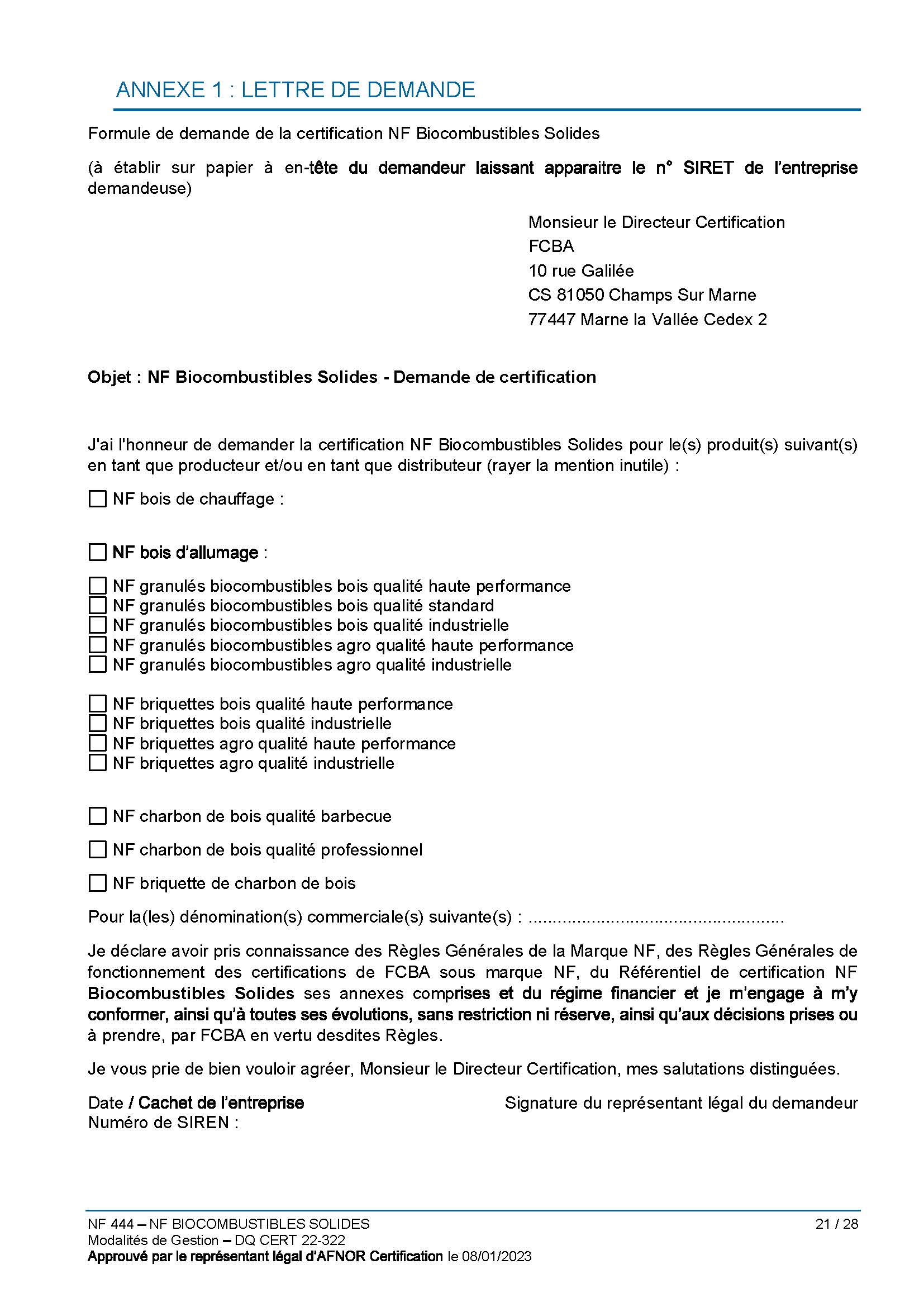 Première page du formulaire de demande de certification du site nf biocombustible